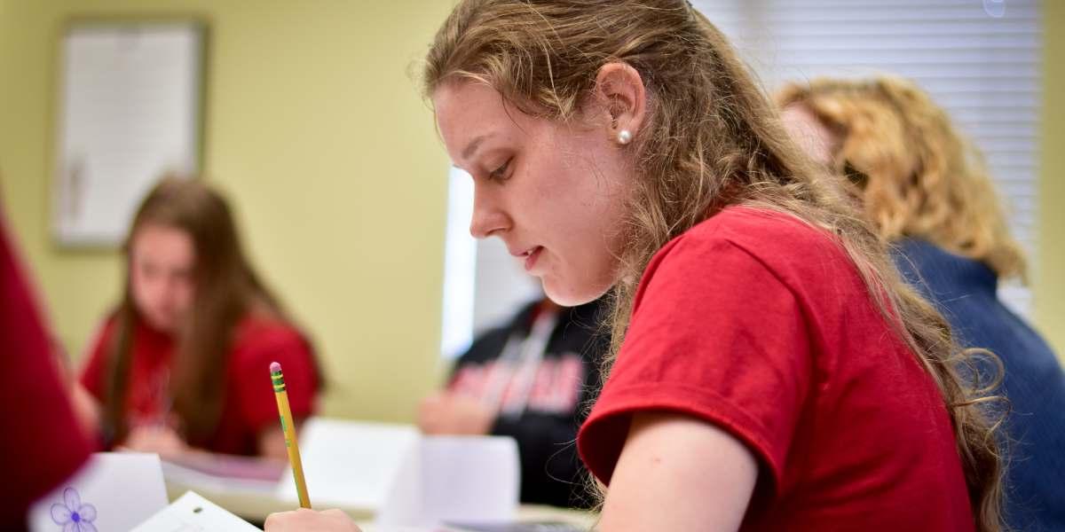 一名BCYC浸入式学生在课堂上记笔记